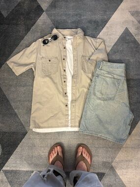 Beige Short Sleeve Button-Up Shirt